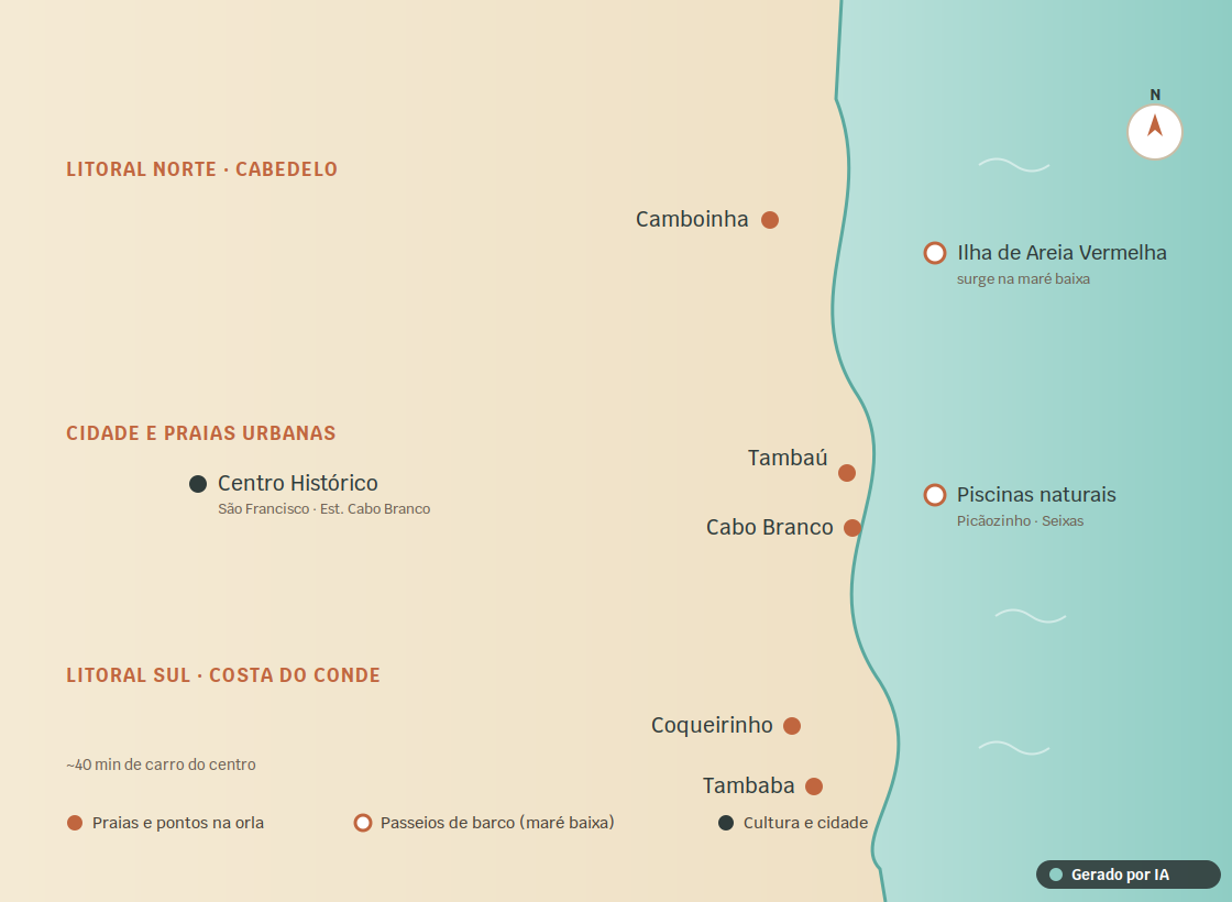 Mapa ilustrado de João Pessoa dividido em três regiões de passeios: litoral norte com Camboinha e a Ilha de Areia Vermelha, a área urbana com Tambaú, Cabo Branco e o Centro Histórico, e o litoral sul com Coqueirinho e Tambaba